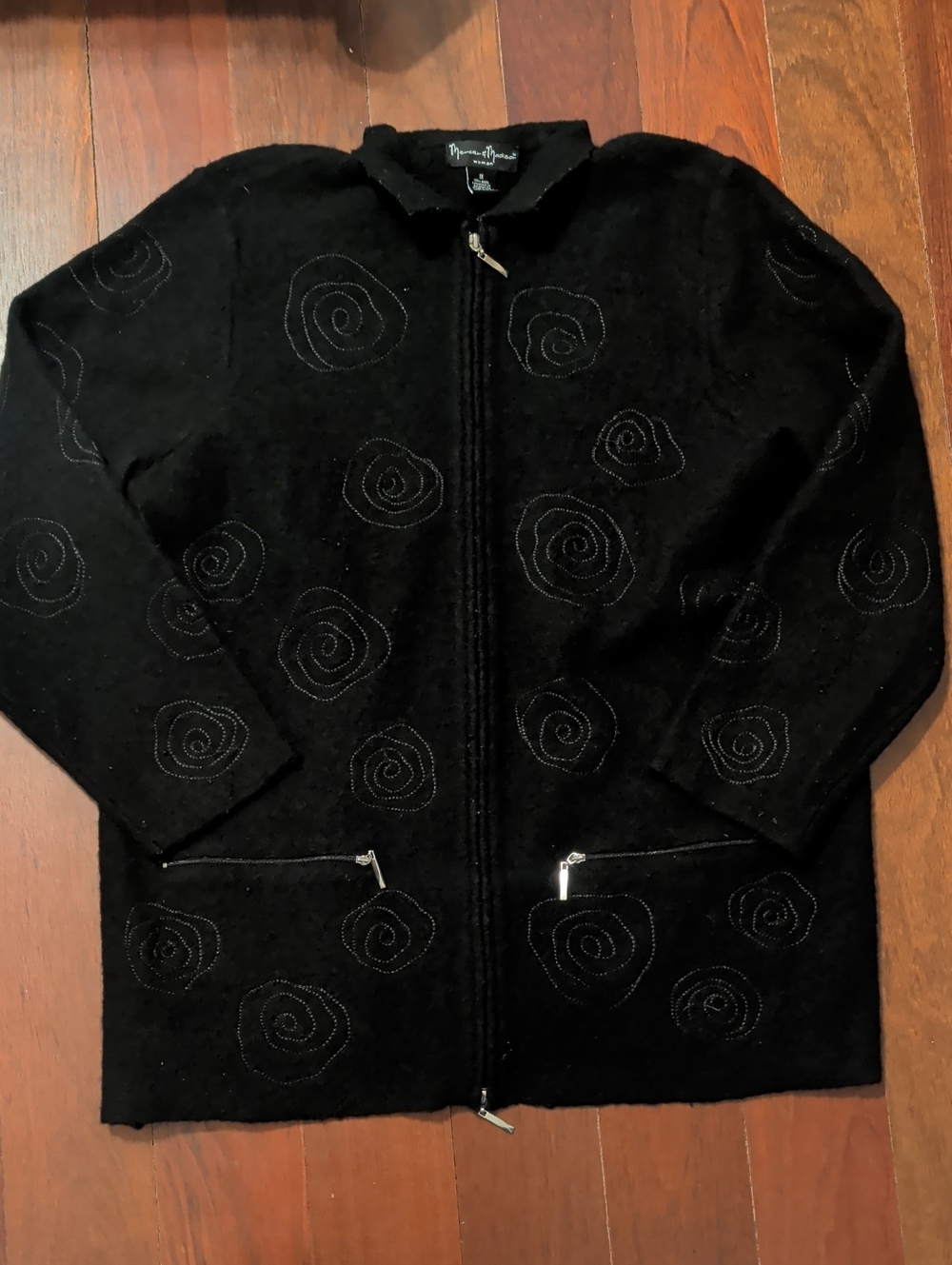 mercer & madison Black Wool Knit Jacket Zip Jacket With Rose Embroidery